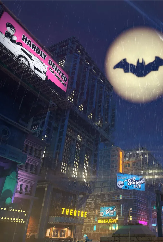The Bat-Signal lights up the night sky above a Gotham City street.