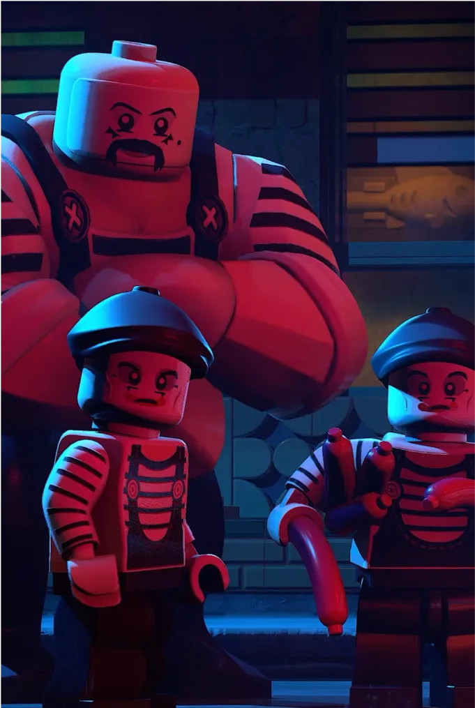 A variety of enemy goons stand menacingly together, lit by pink and blue neon lights.