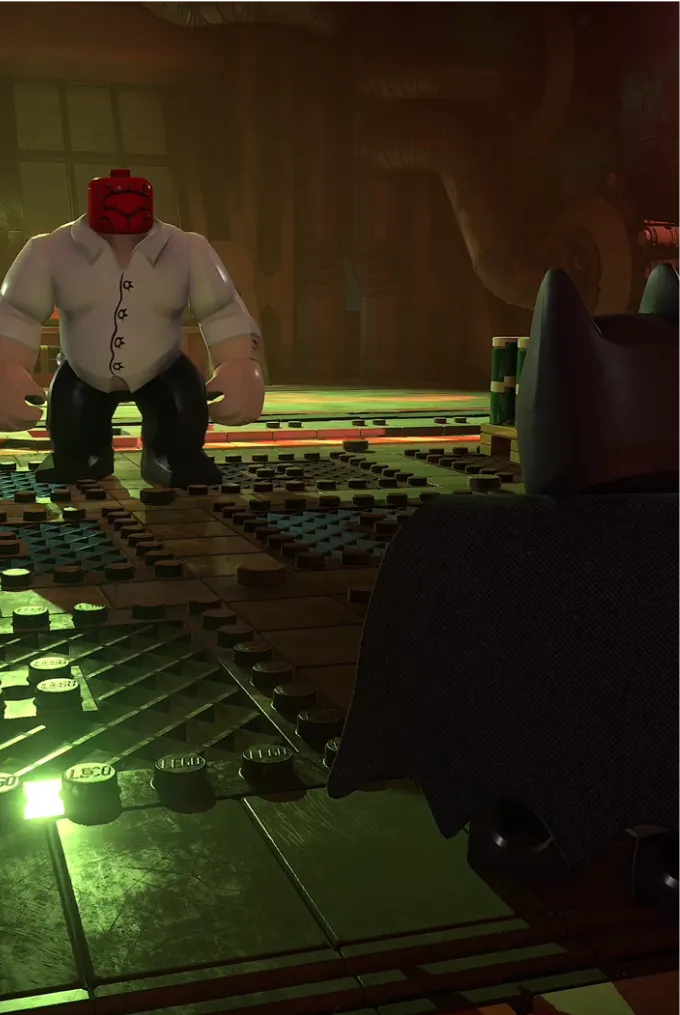 Batman stares down an enemy, ready for a fight.
